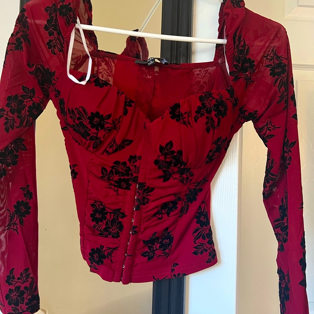 Wine Red Mesh Velvet Burnout Bustier Top.Stretchy mesh, with velvet pattern.